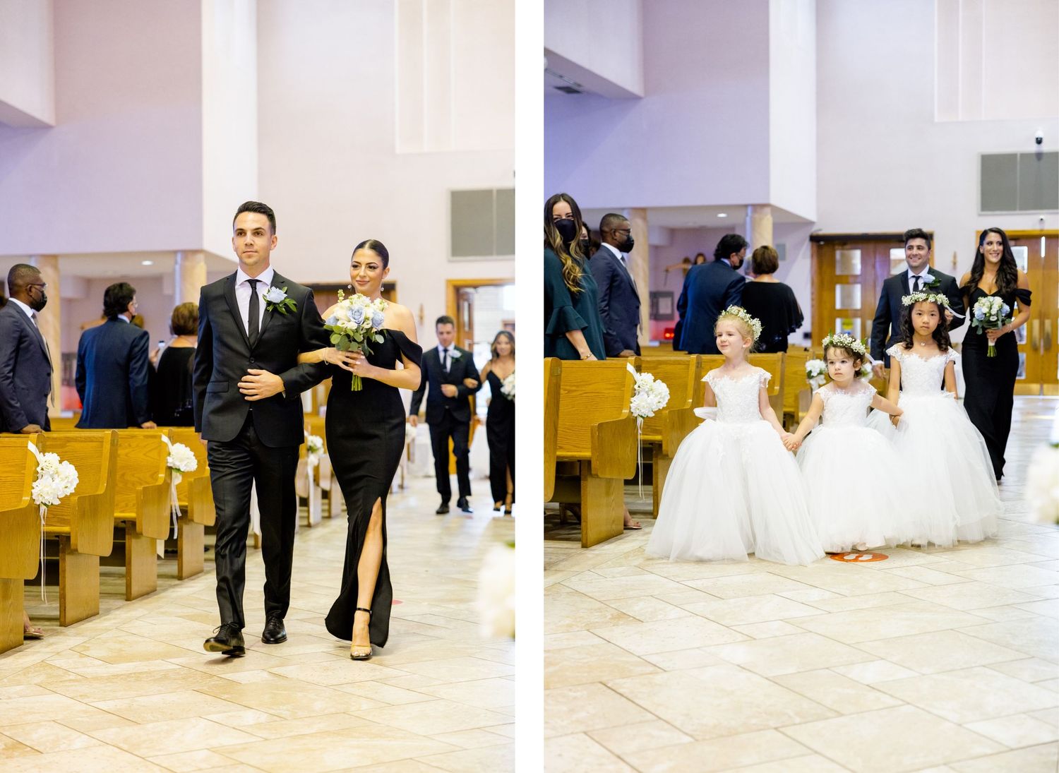 Side-by-side images of wedding processional and recessional moments in a church.