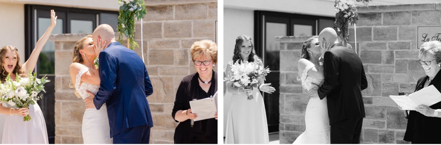 Side-by-side color and black and white photos of tender wedding ceremony moments.