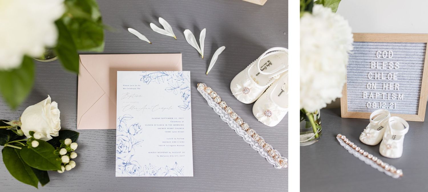Baptism invitation suite with floral design elements and white shoes.