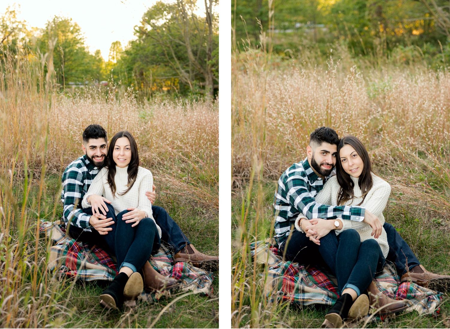 Two intimate poses of couple sitting on plaid blanket in rustic outdoor setting.