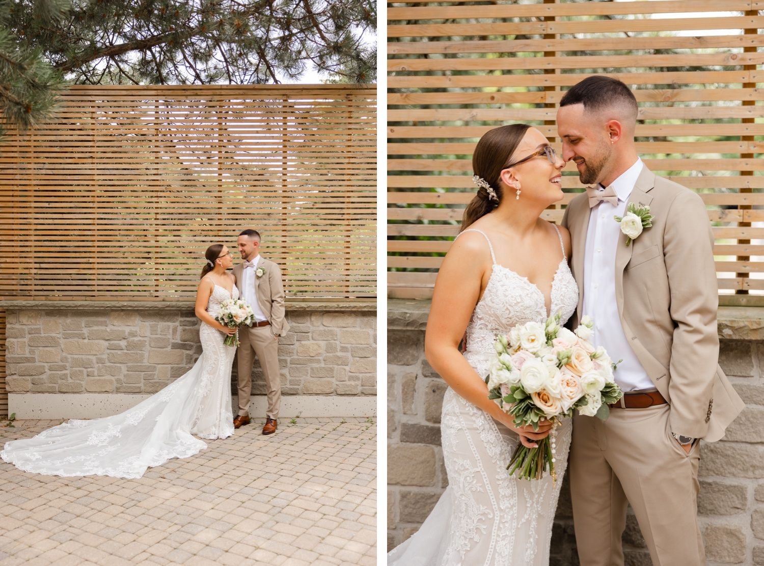 Side-by-side wedding portraits showing tender moments against a wooden slatted backdrop.