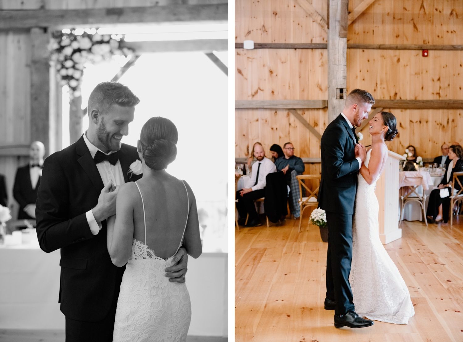 Intimate wedding dance moment in rustic barn setting.