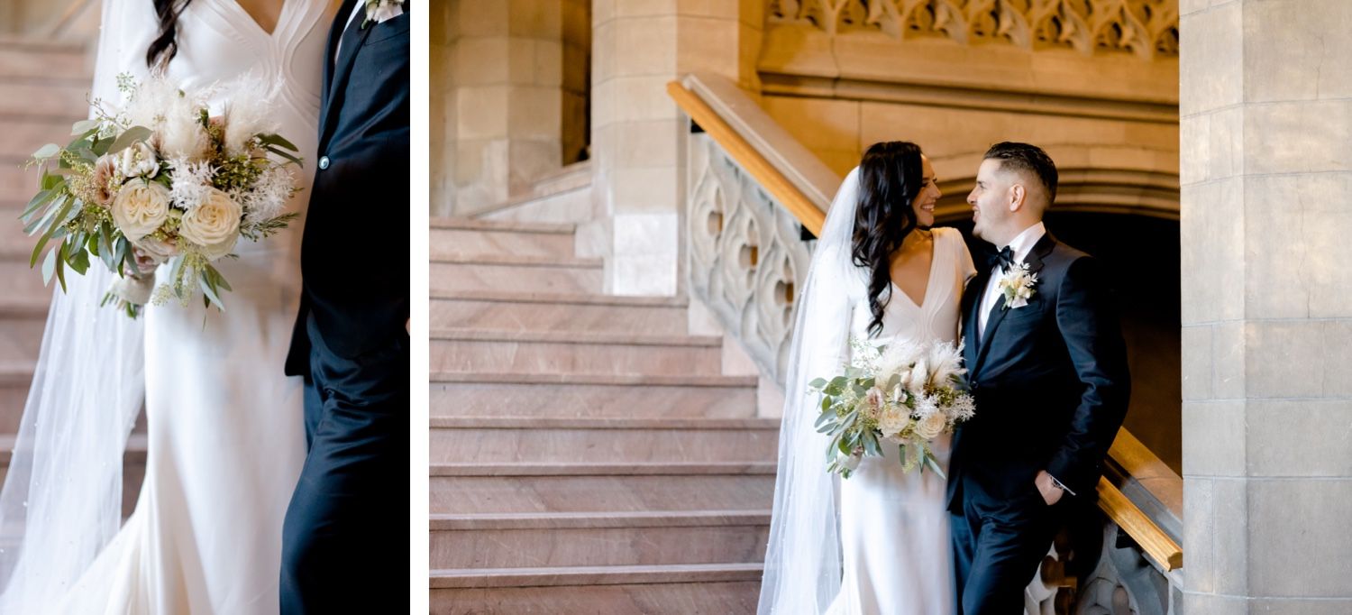 Wedding portraits on a classic stone staircase showing elegant dress and formal attire.