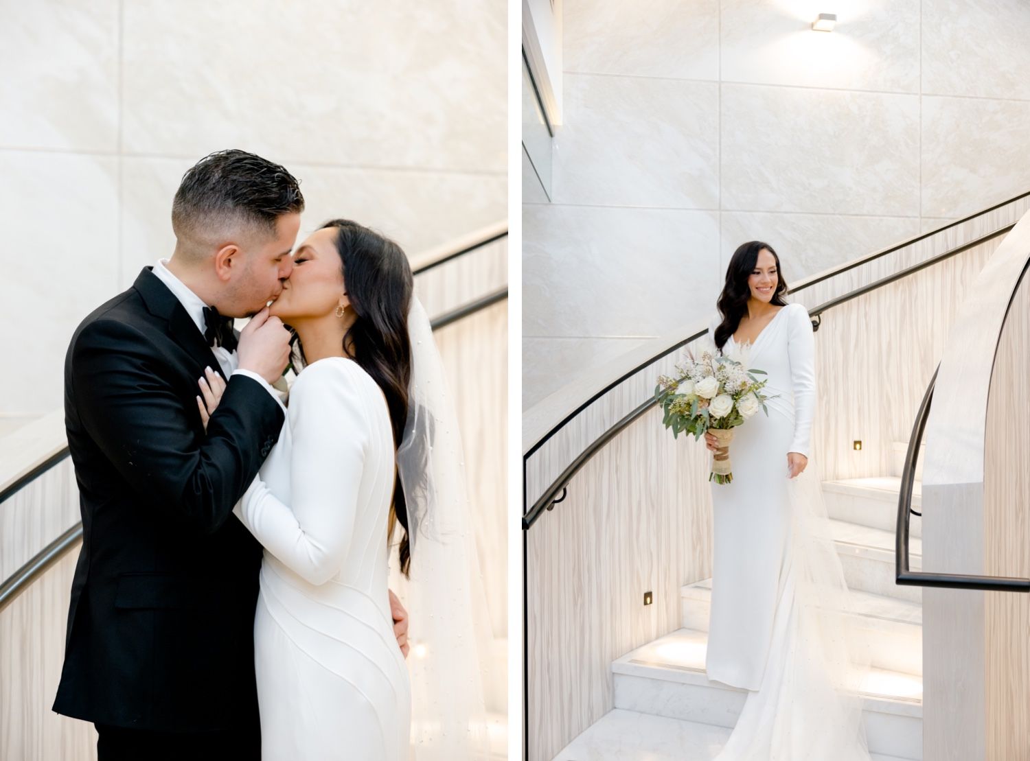 Side-by-side wedding photos showing tender moments between couple on elegant white stairs.