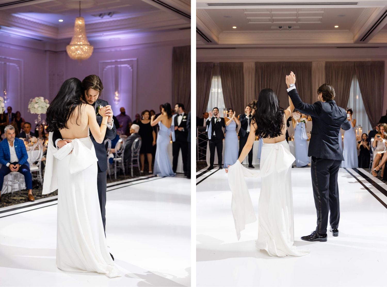 Couple shares spotlight dance moments on white dance floor as guests look on.