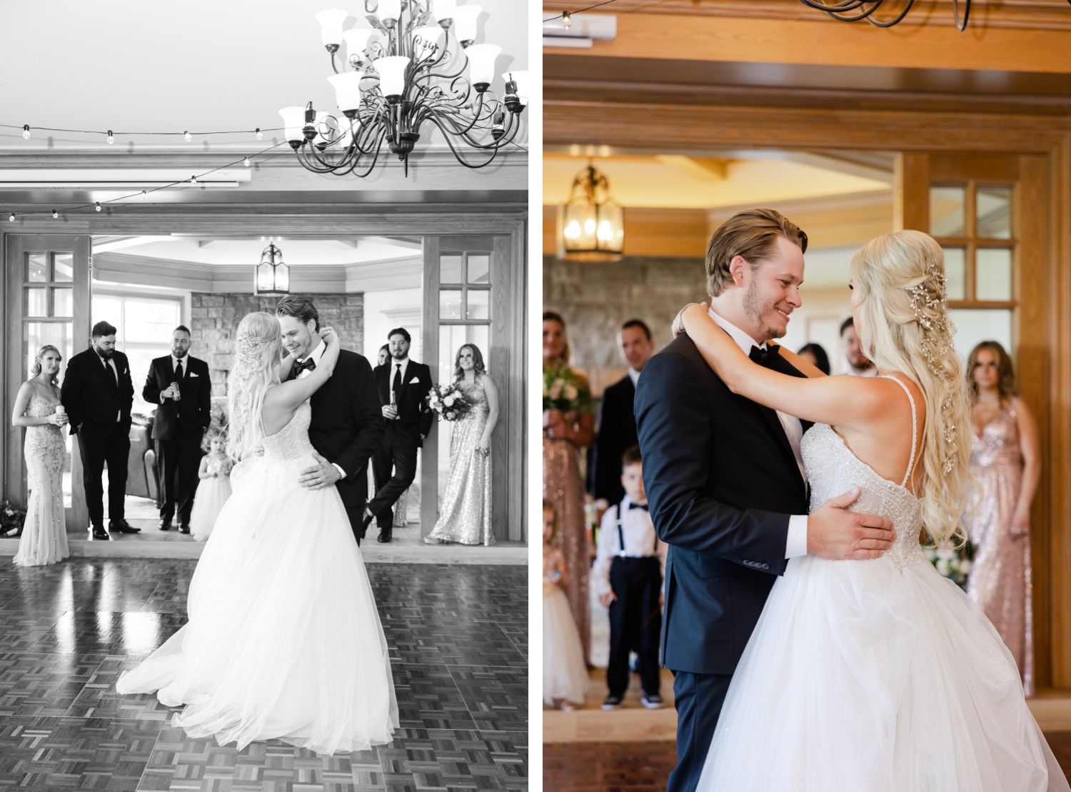 Side-by-side comparison of a wedding dance in black and white and color in an elegant venue.