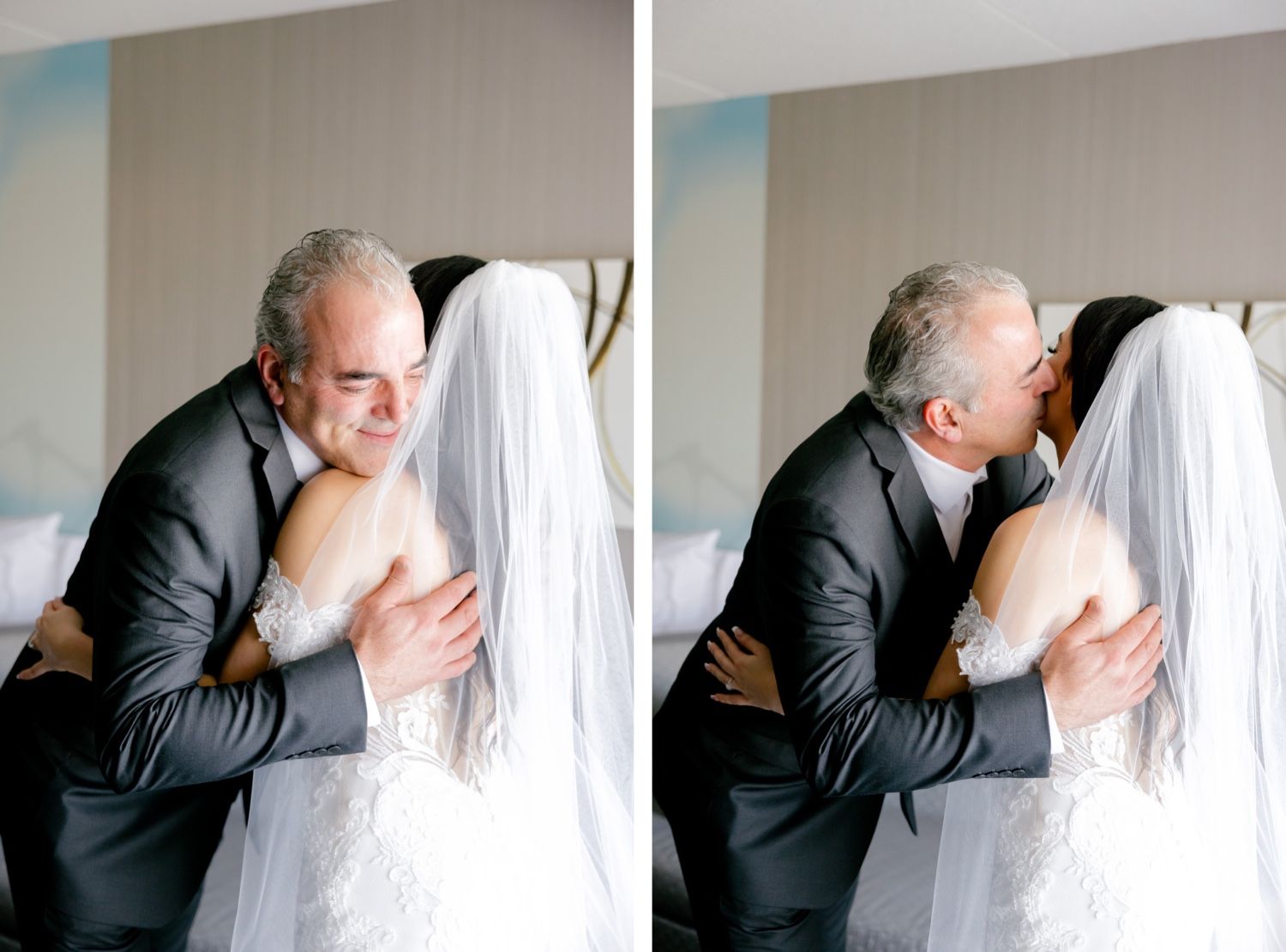 Split image capturing tender embraces during wedding day preparations.