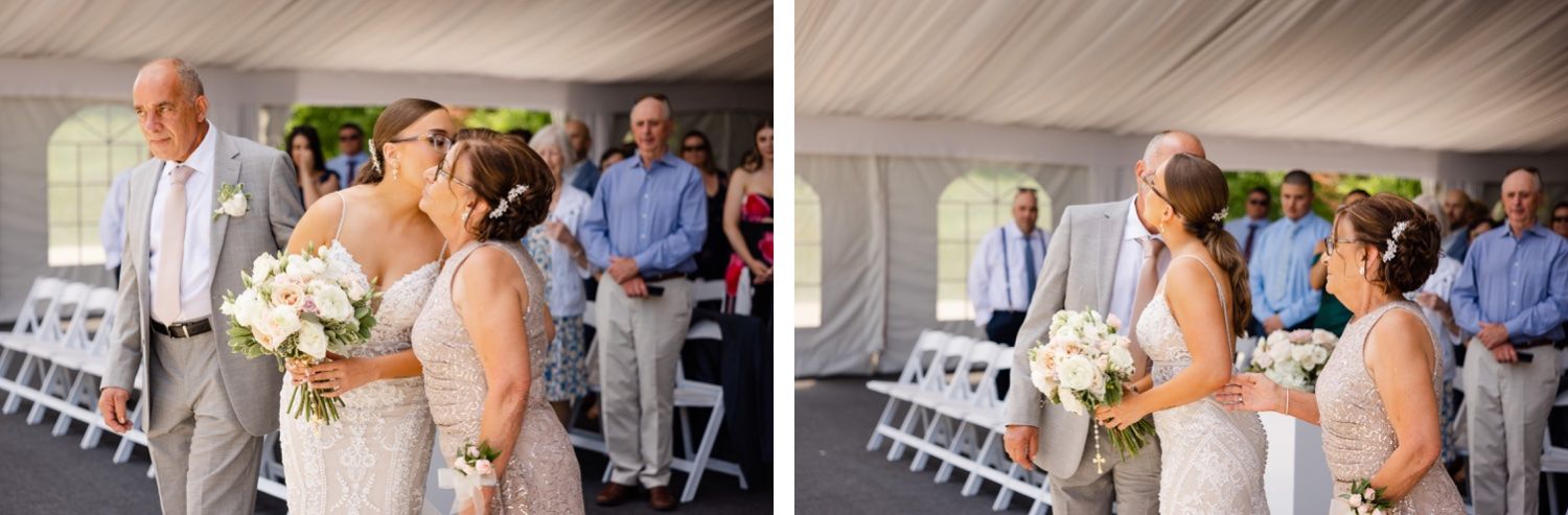 A wedding ceremony entrance sequence showing emotional moments under a draped tent.