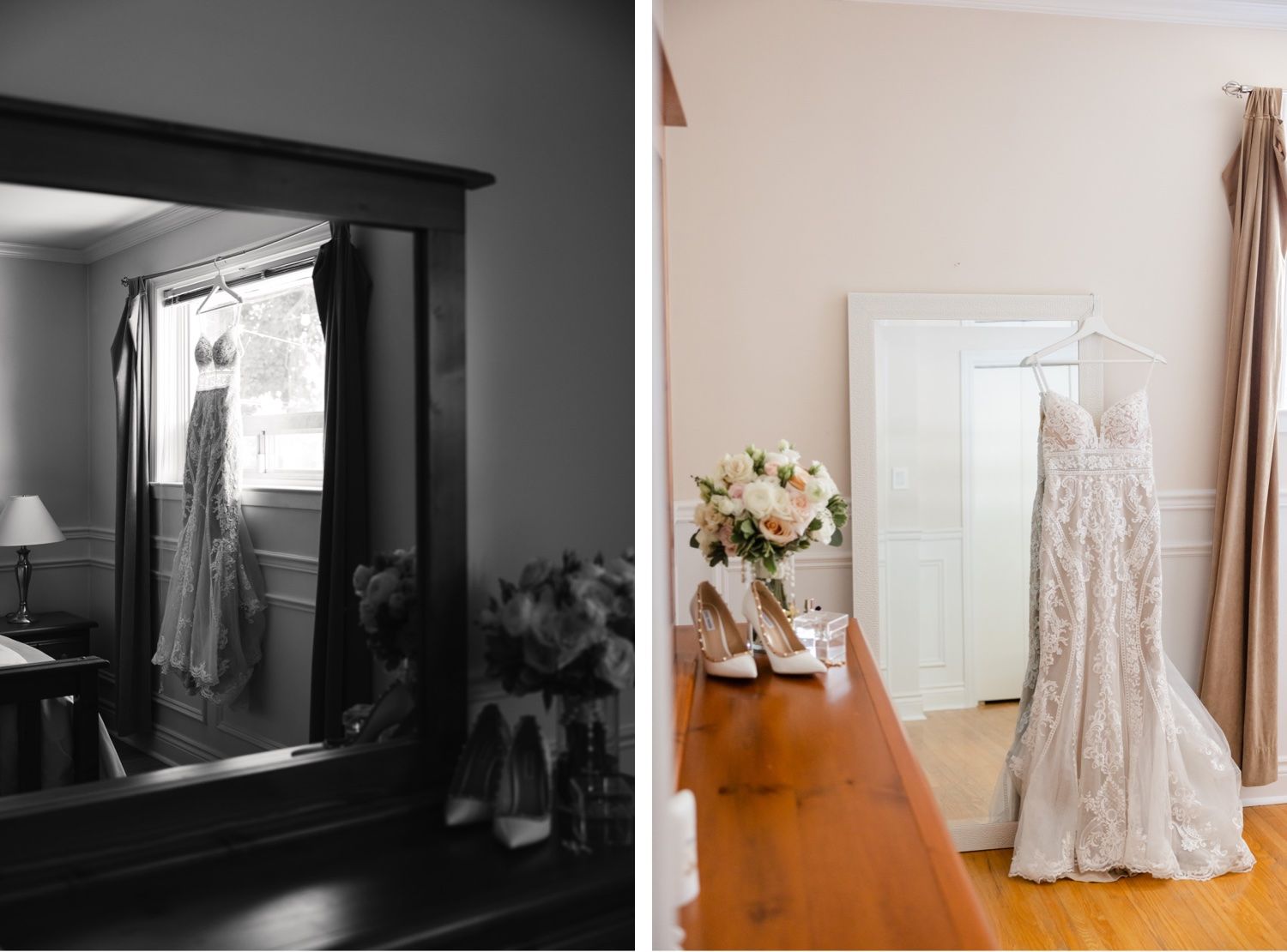 Wedding dress displayed in room with mirrors showing reflection and natural lighting.
