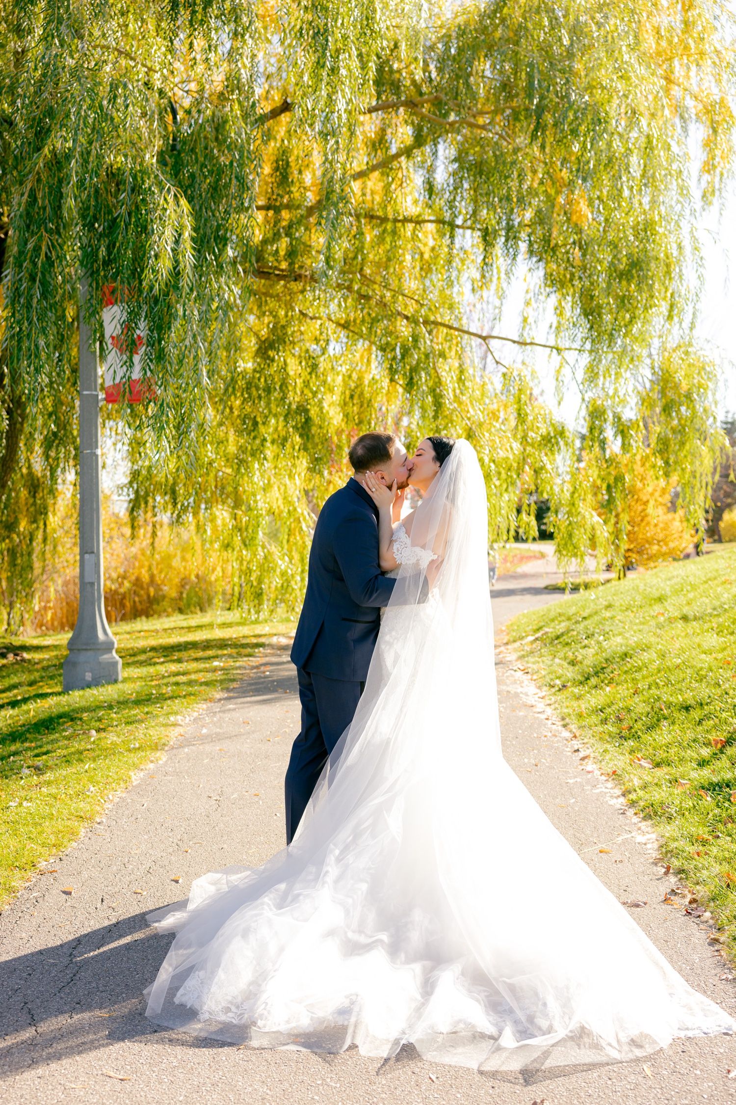 Wedding couple embraces on path beneath weeping willow trees in golden autumn light.