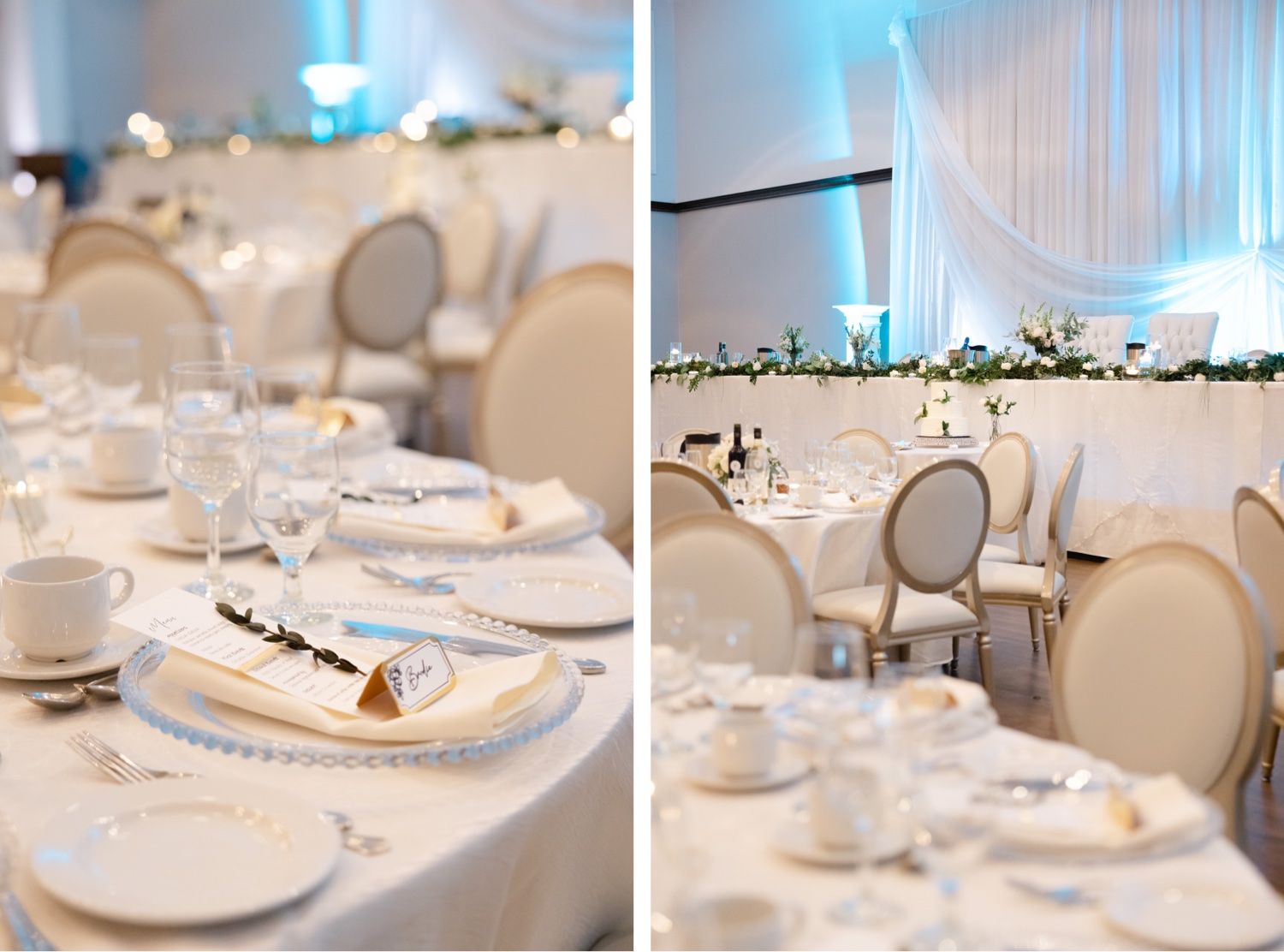 Elegant wedding reception table settings with white linens, crystal glassware and cream-colored French style chairs.