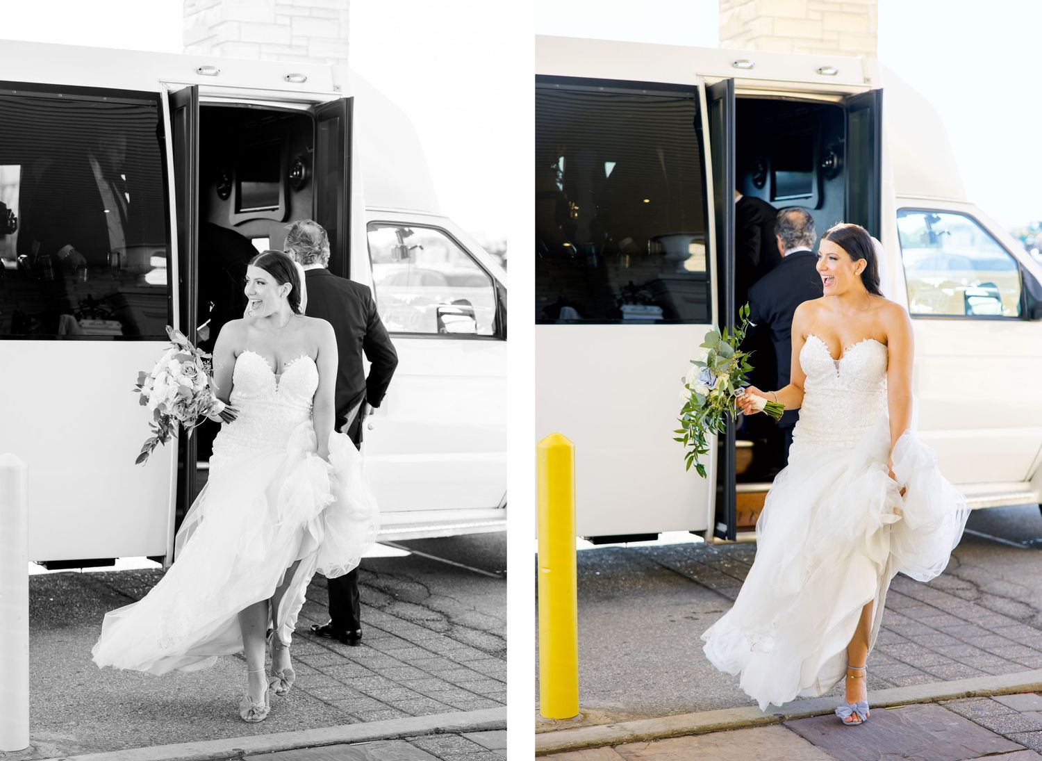 Side-by-side photos show bride entering transportation vehicle in black and white and color.
