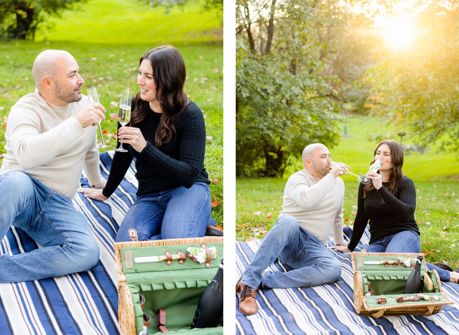 Two images of a couple enjoying drinks and conversation during sunset in a park setting.