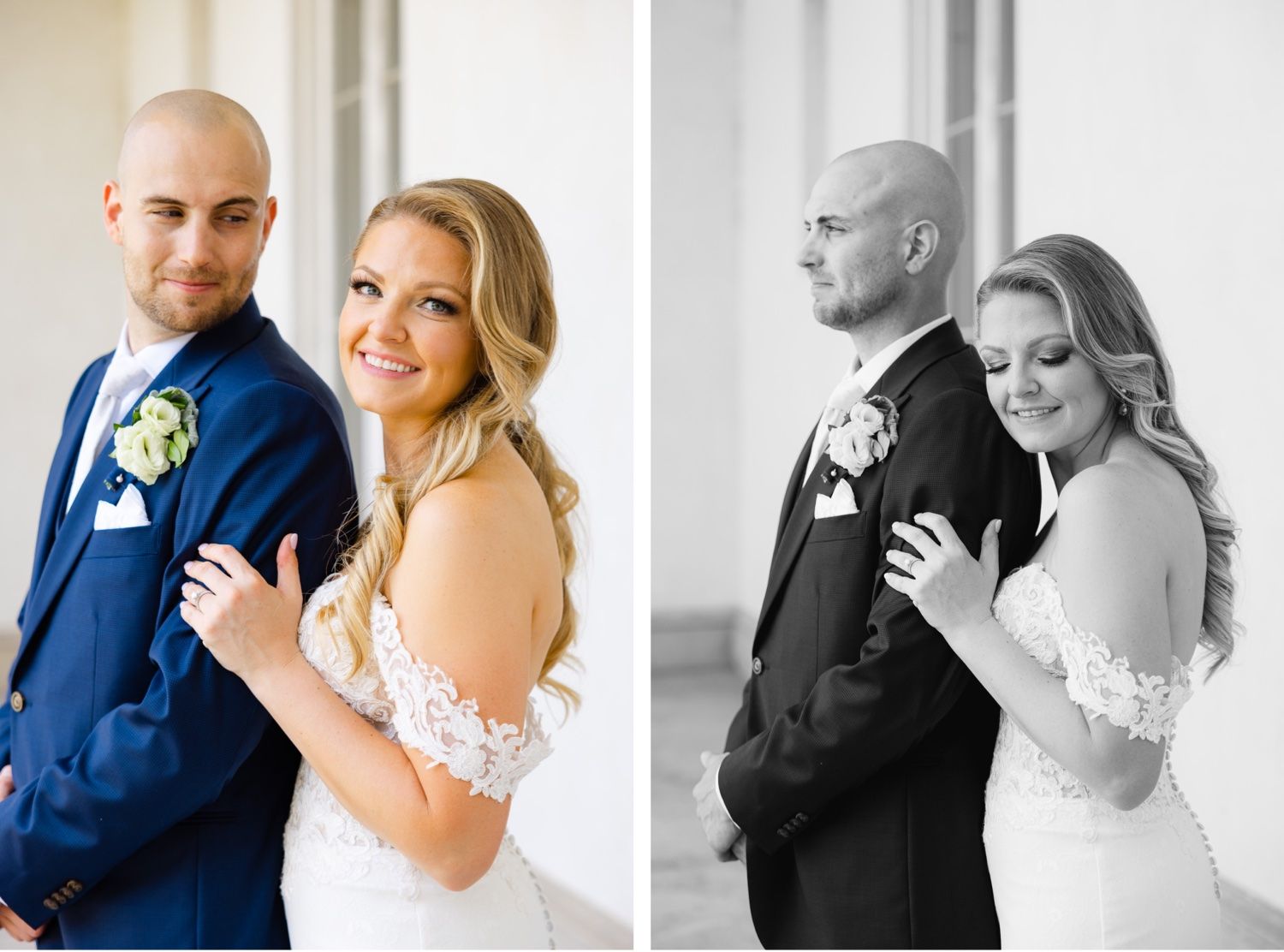 Color and black-and-white wedding portraits show tender moments between newlyweds.
