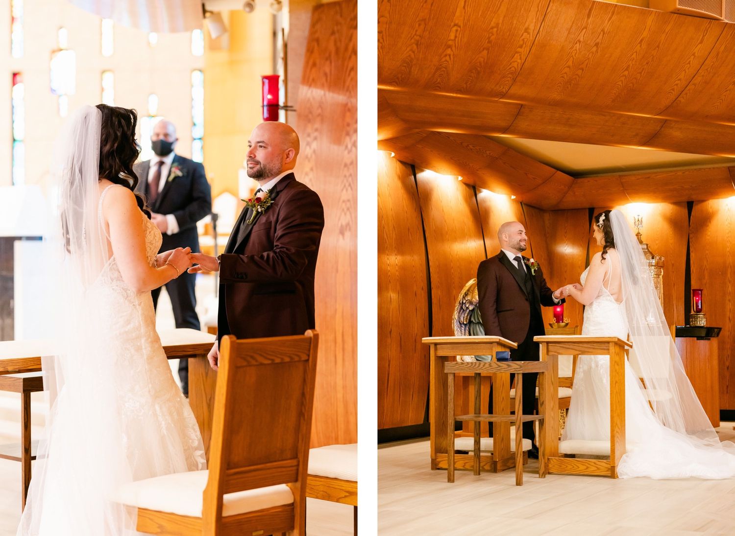 Side-by-side wedding ceremony moments captured in a wooden church interior with ambient lighting.