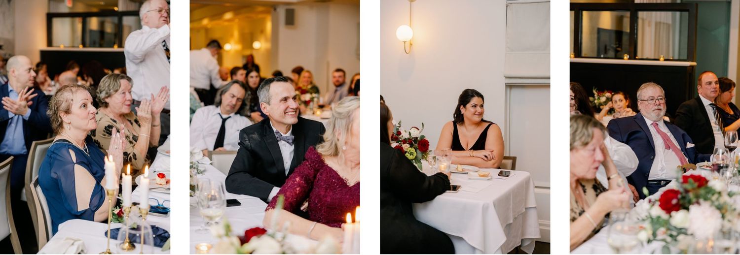 Collage of wedding reception moments showing guests dining and celebrating at decorated tables.