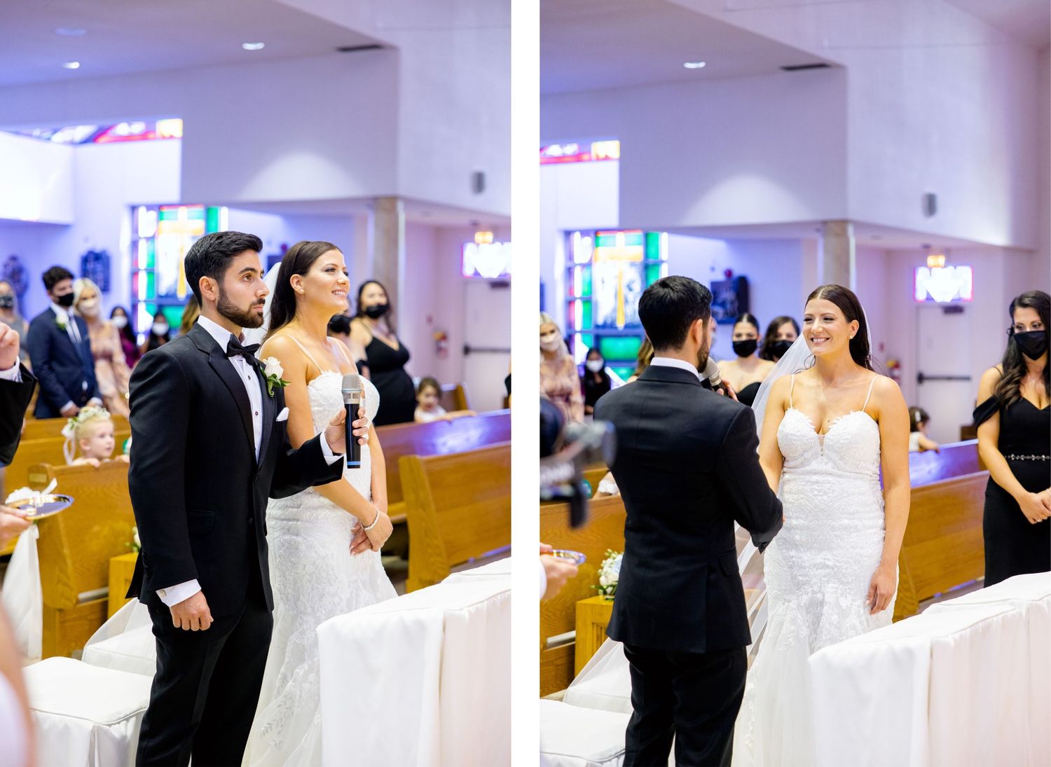 Side-by-side photos showing wedding couple during ceremony in church setting.