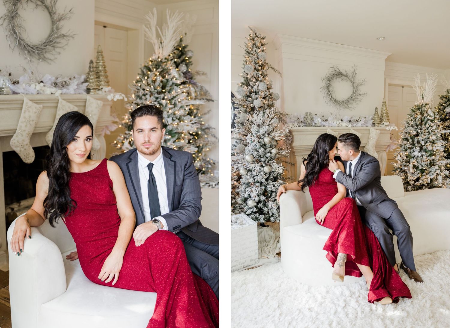 Intimate couple portraits in front of snow-flocked Christmas trees and white holiday decorations.