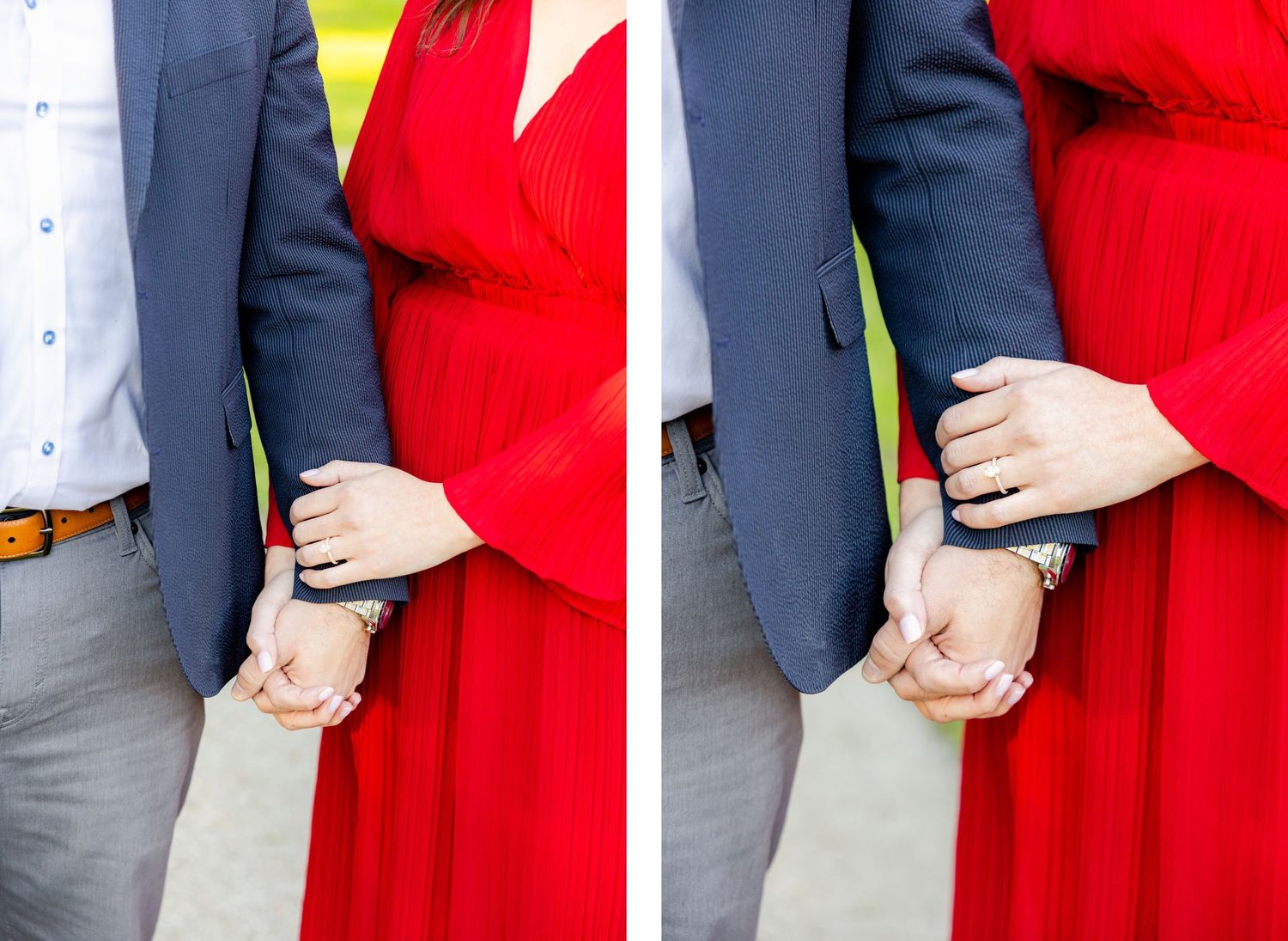 Close-up detail of hands clasped together showing rings and formal attire.