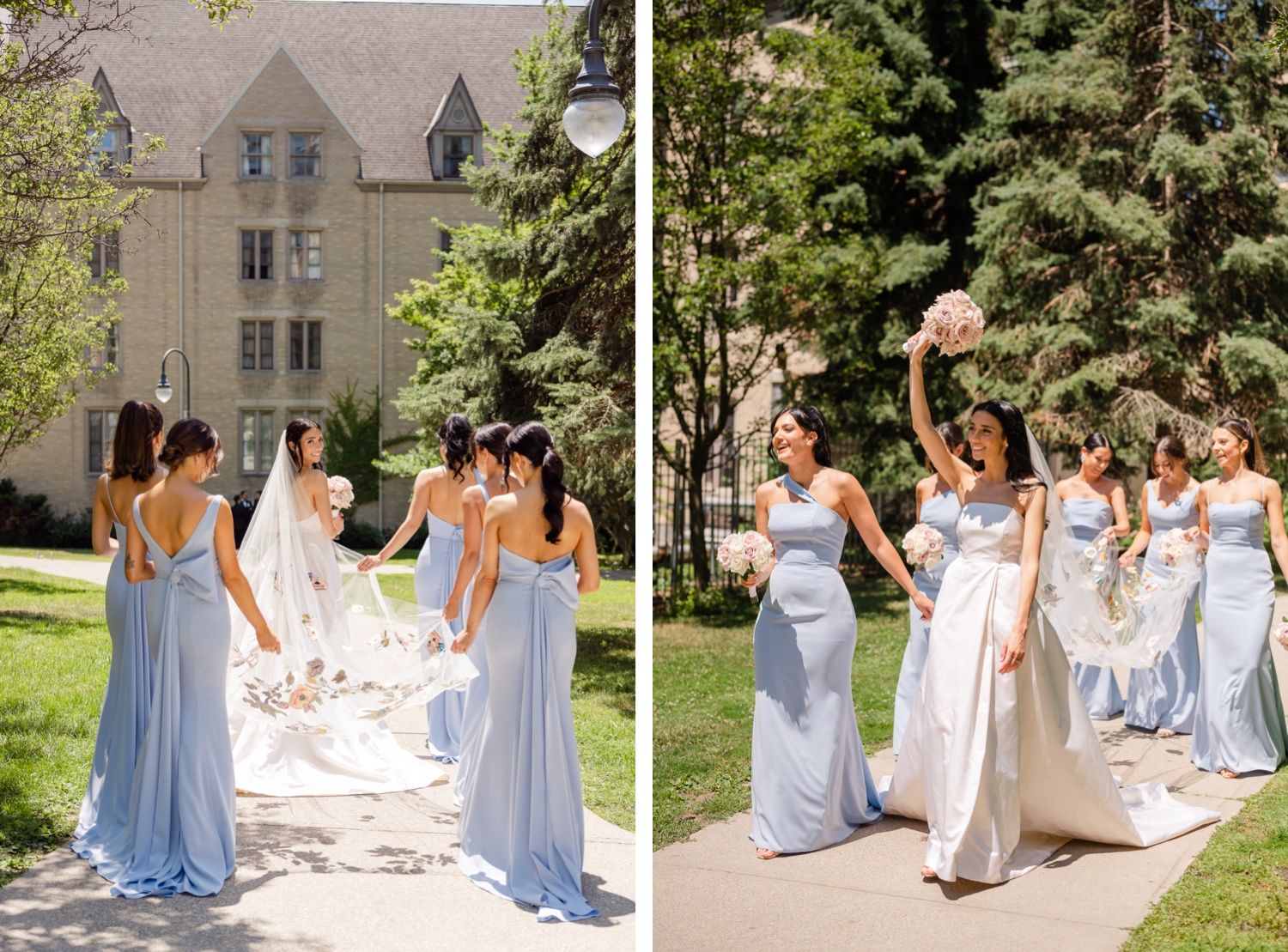 Wedding party in blue dresses and black tuxedos celebrate outdoors near stone building.