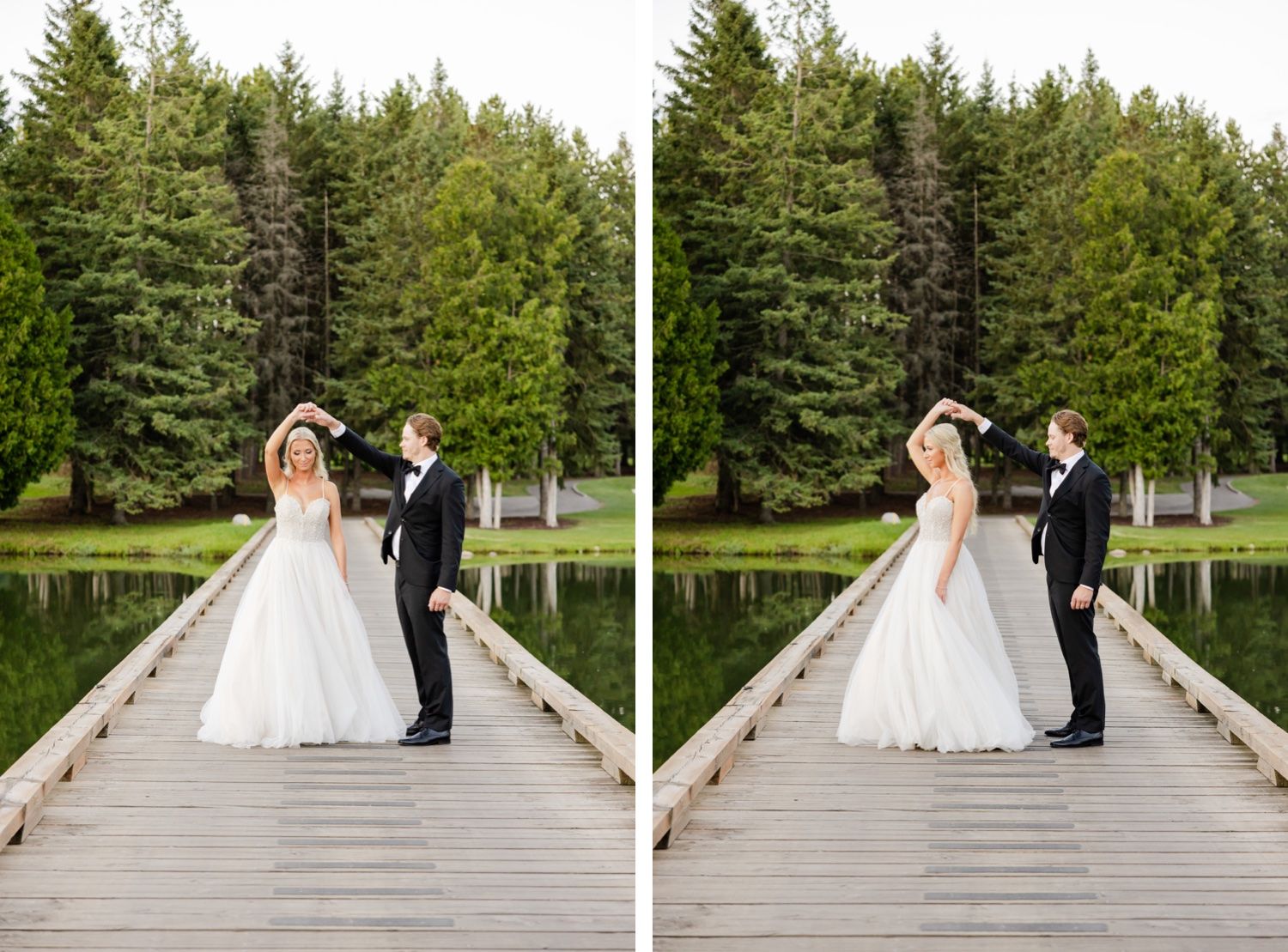 Romantic moment captured on wooden bridge with evergreen forest backdrop.
