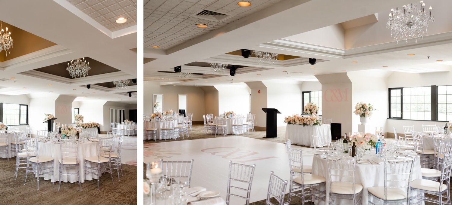 Spacious wedding reception hall with crystal chandeliers and white chiavari chairs.