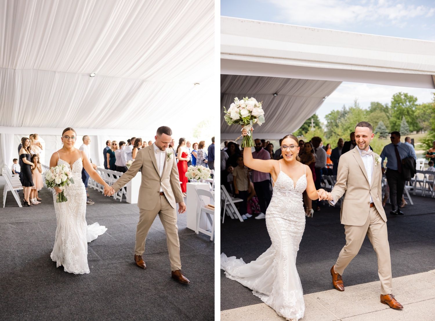 Celebratory moments of newlyweds making their grand exit under a white tent reception.