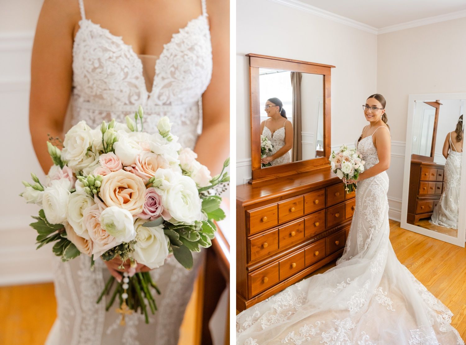 Split image of a blush and cream wedding bouquet and a full-length bridal portrait.