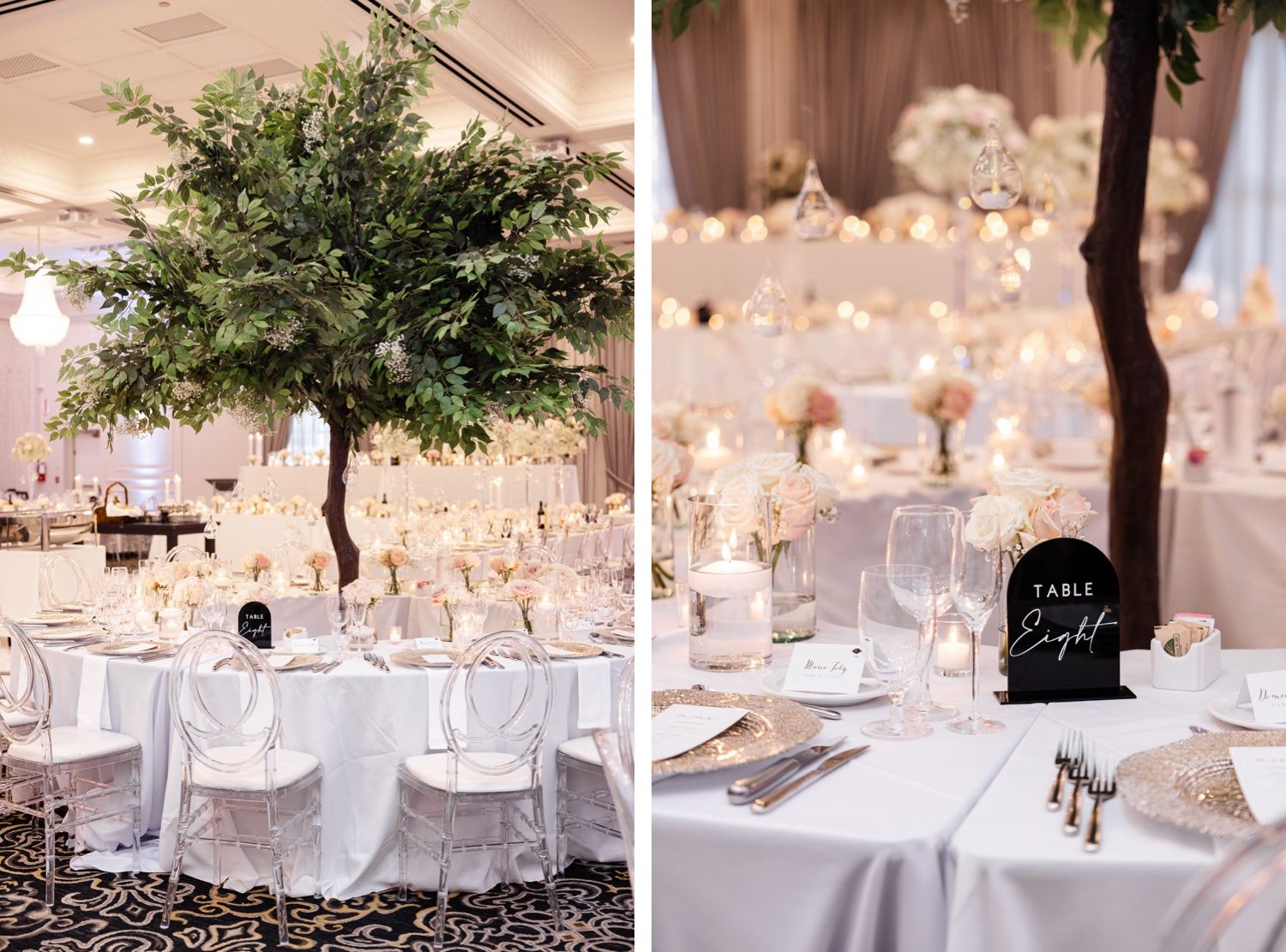 Wedding reception tables decorated with tall tree centerpieces and white linens.