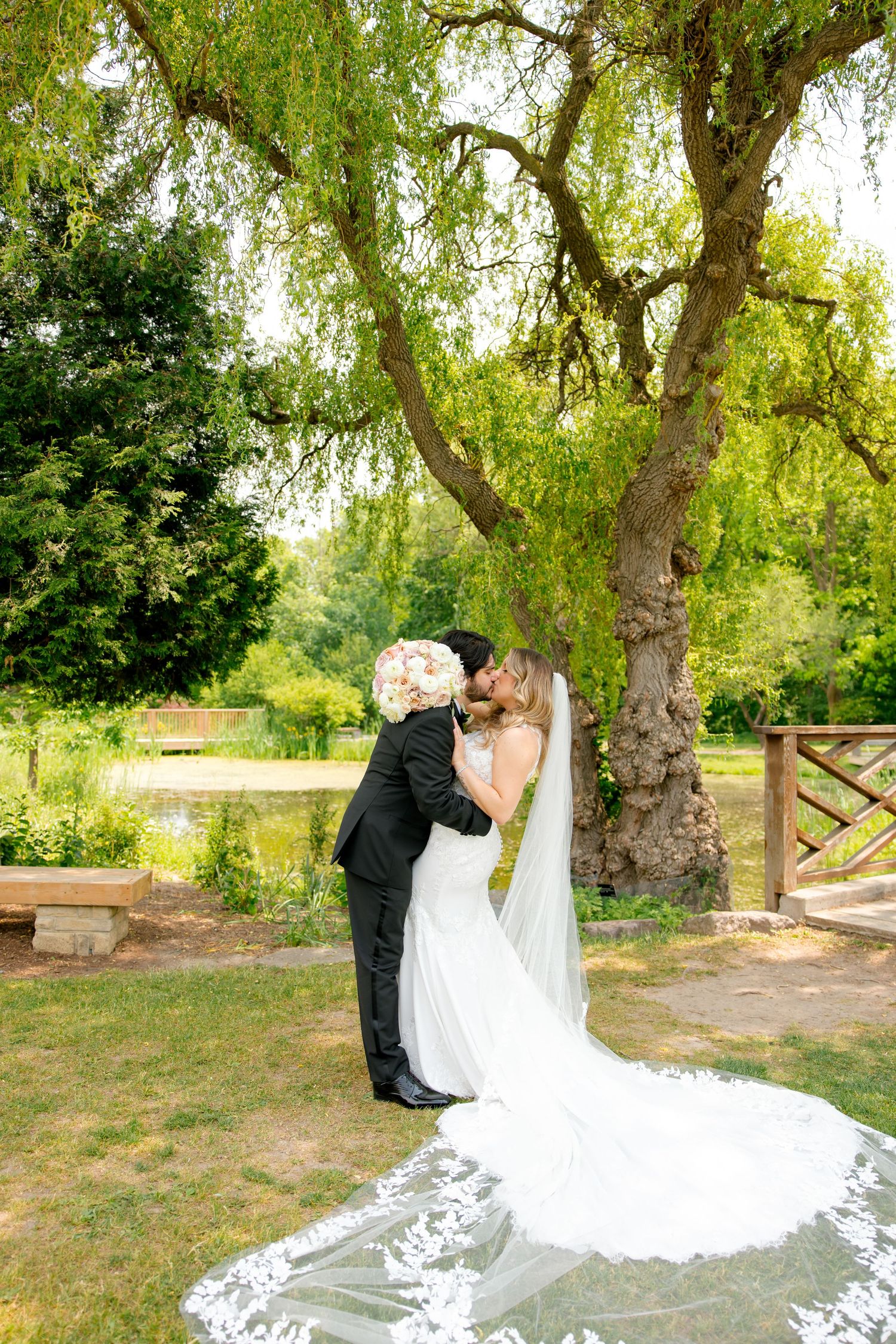 Intimate wedding moment captured under drooping willow branches with long trailing veil.