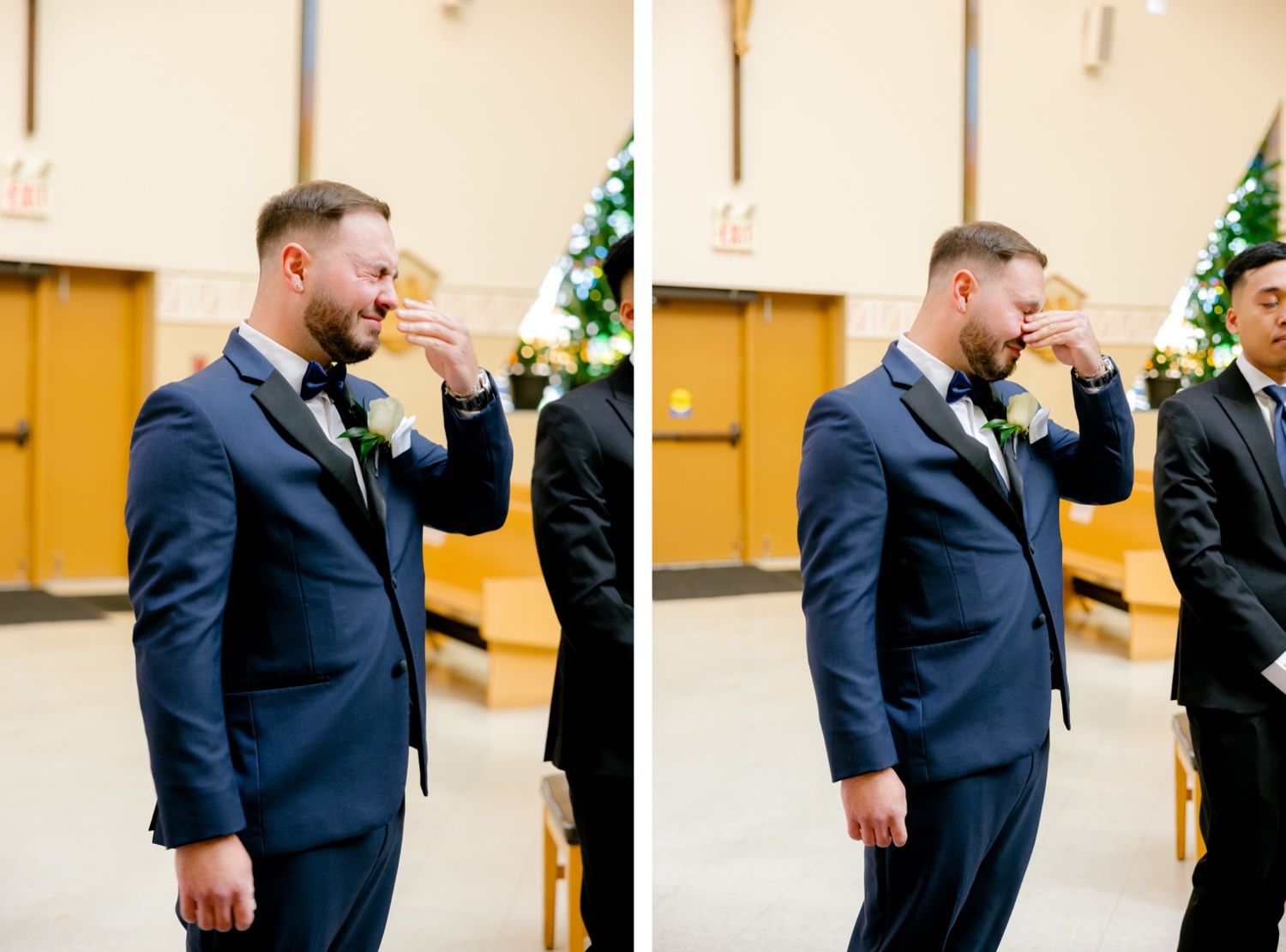 A close-up side view shows someone in a navy suit and tie taking photos during a wedding ceremony.