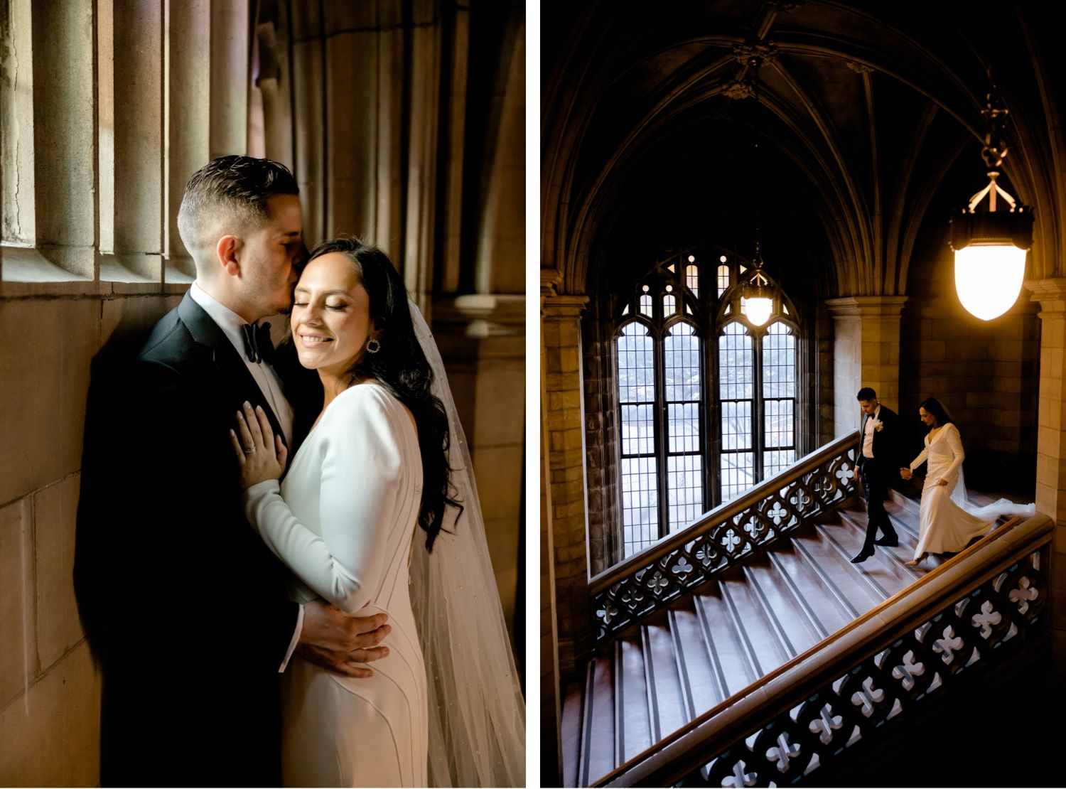 Romantic cathedral wedding photos capturing intimate moments and architectural details.