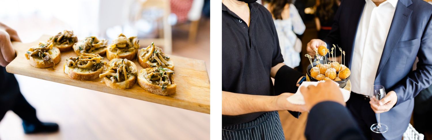 Close-up shots of elegant appetizers and guests enjoying cocktail hour at an event.