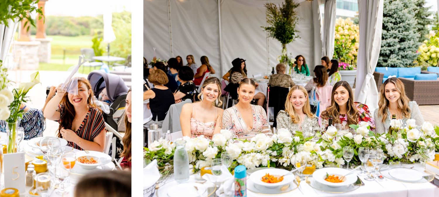 Celebration under white tent with guests seated at decorated tables.