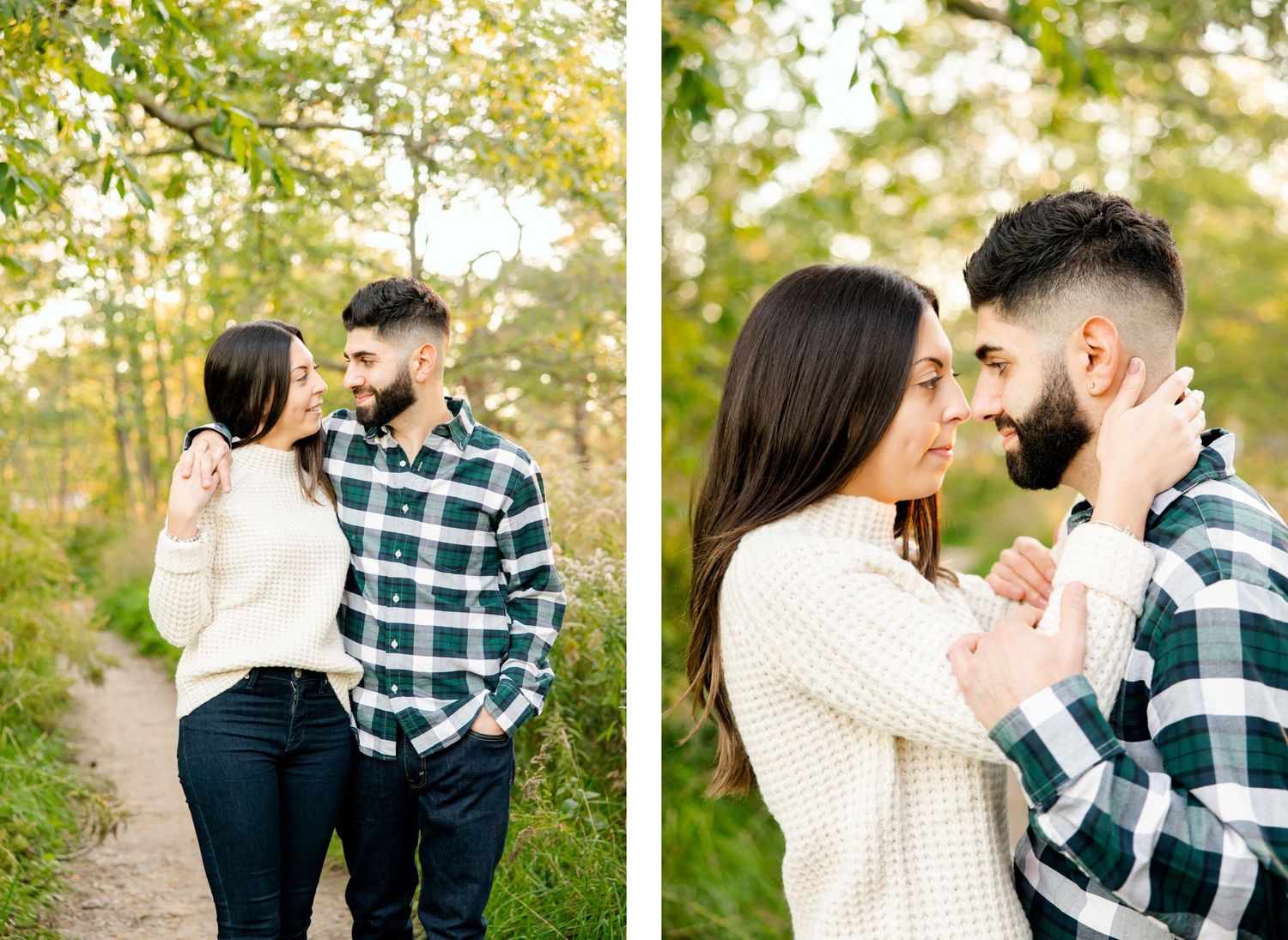 Romantic couple portraits in autumn forest setting with soft natural lighting.