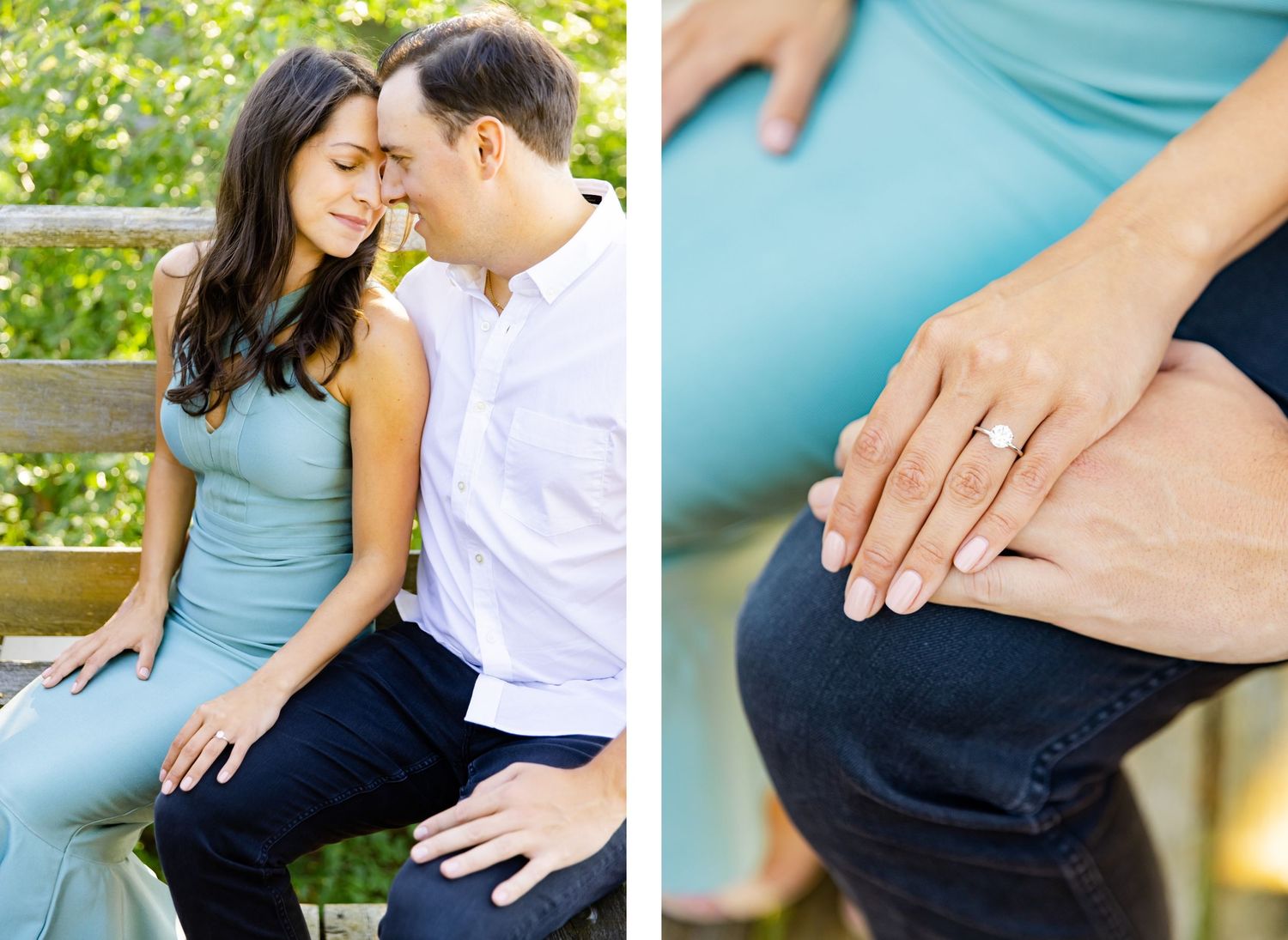 Split image of couple on bench and close-up of hands showing engagement ring.