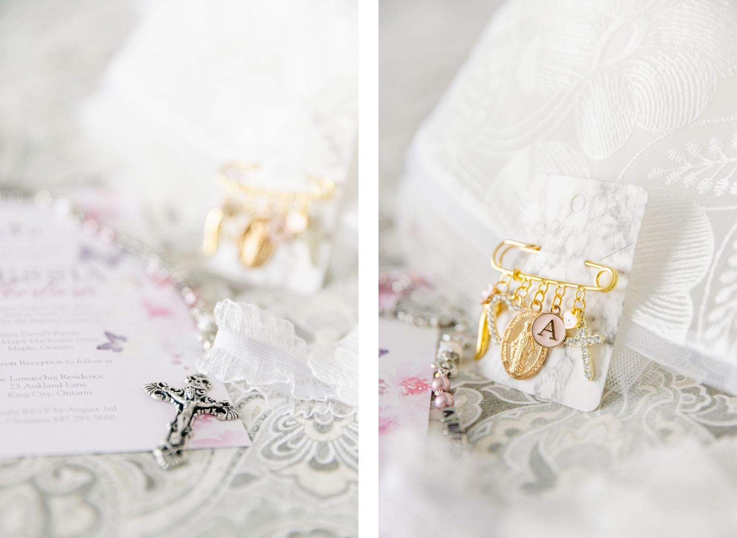 Religious jewelry and decorative elements for baptism ceremony on lace background.