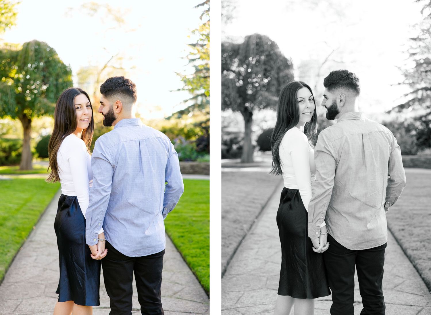 Couple in casual attire shares a tender moment on a garden pathway during golden hour.