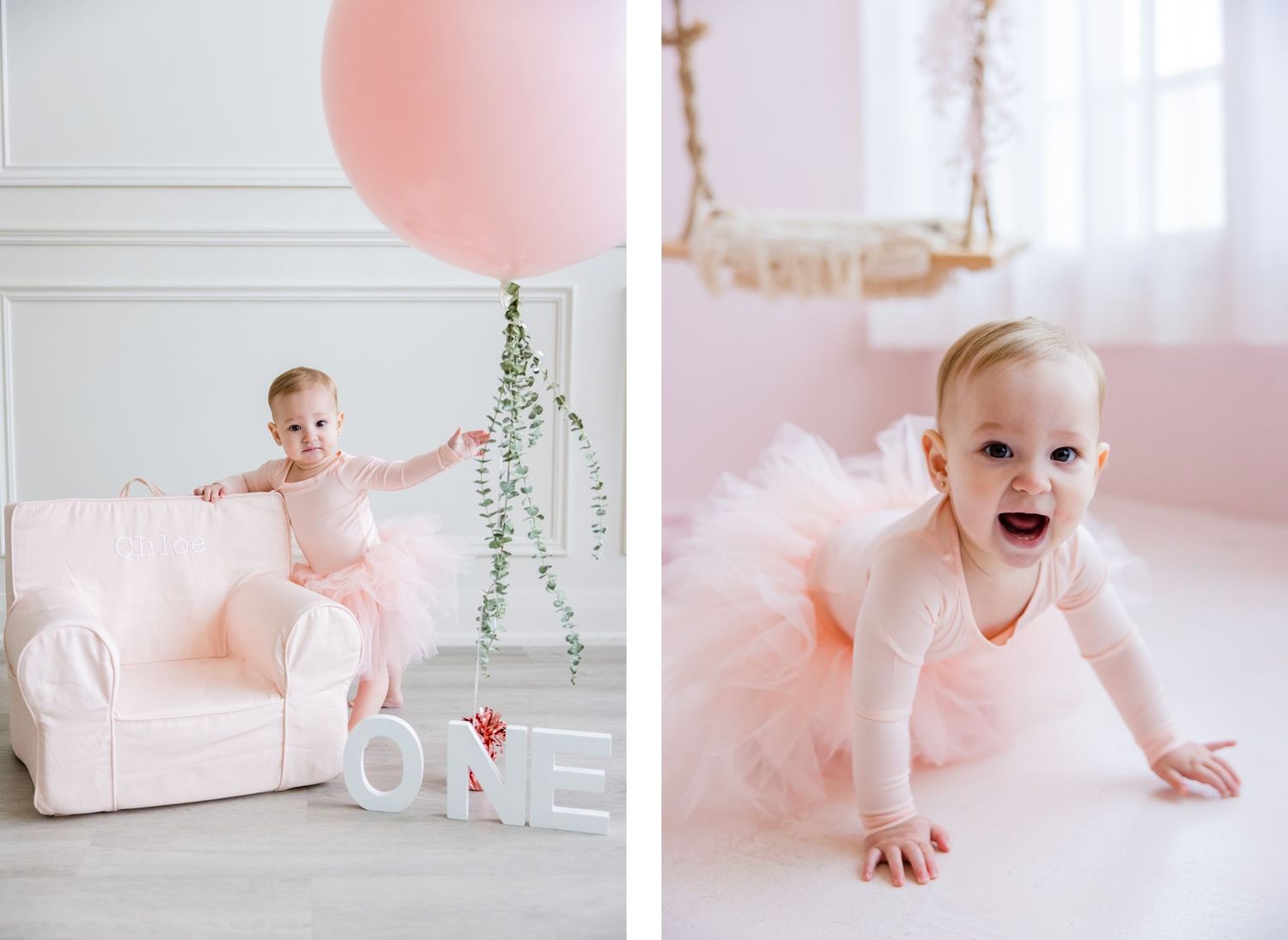 Split image of toddler in pink dress with balloon and decor against pink background.
