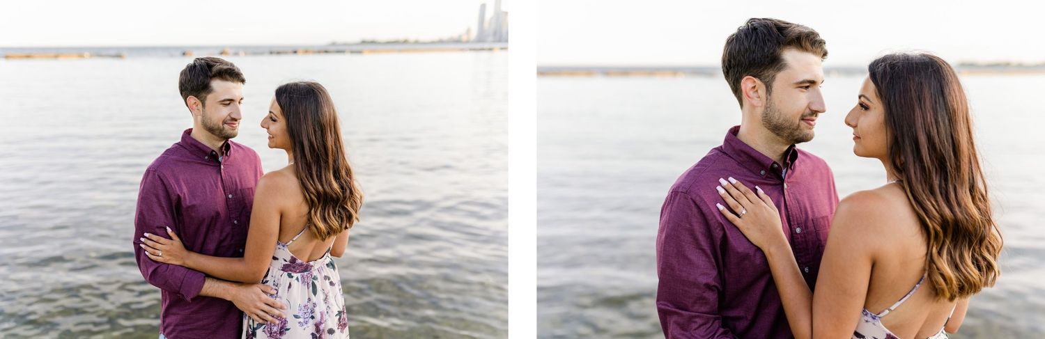 Waterfront engagement portraits showing tender moments between couple at sunset.