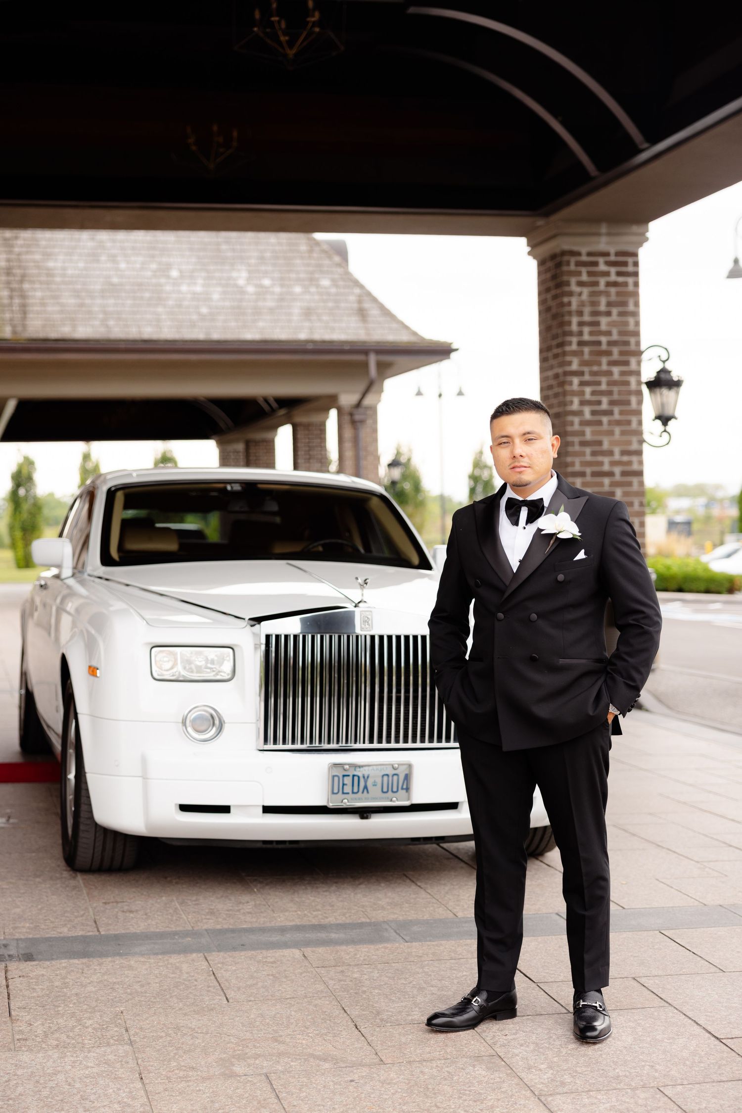 Four connected photos show a luxury white Rolls-Royce limousine parked under a covered brick entrance with a man in a tuxedo.