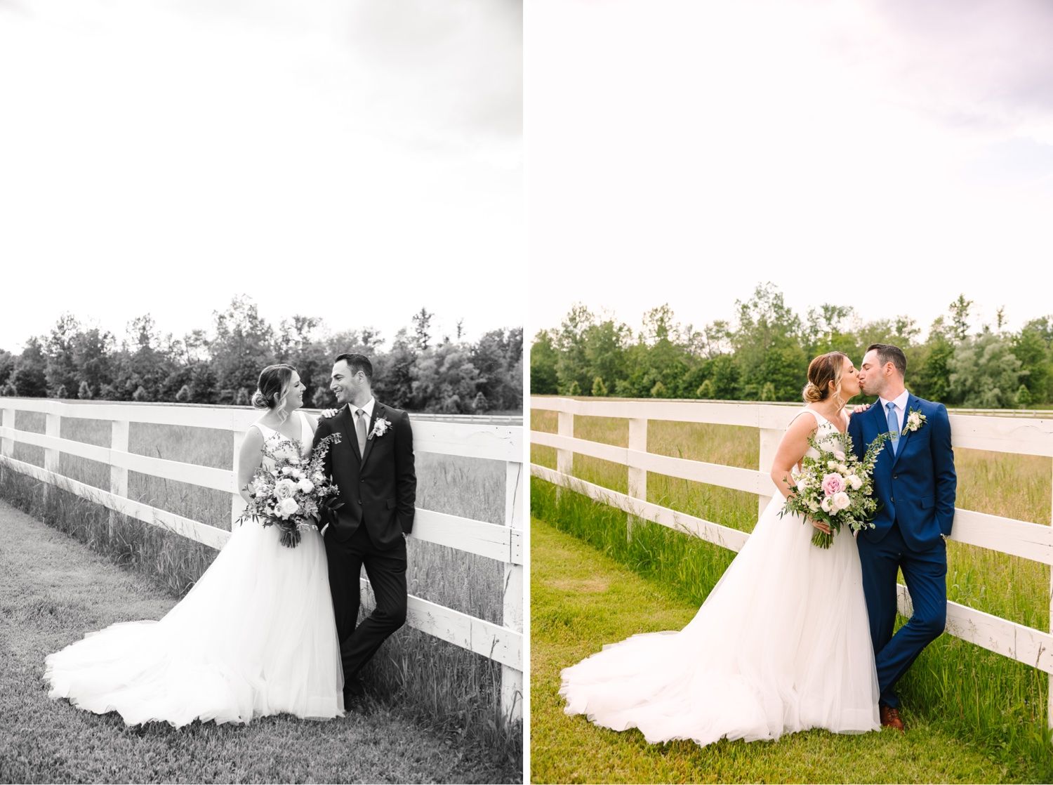 Wedding couple photos in color and black & white by countryside fence.
