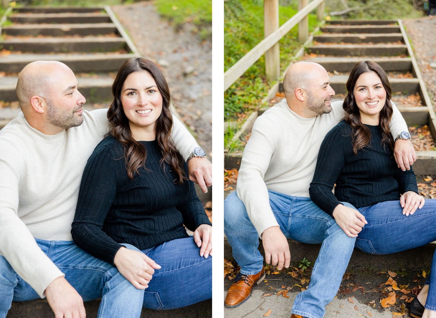 A couple shares intimate moments while sitting on wooden steps in a natural setting.