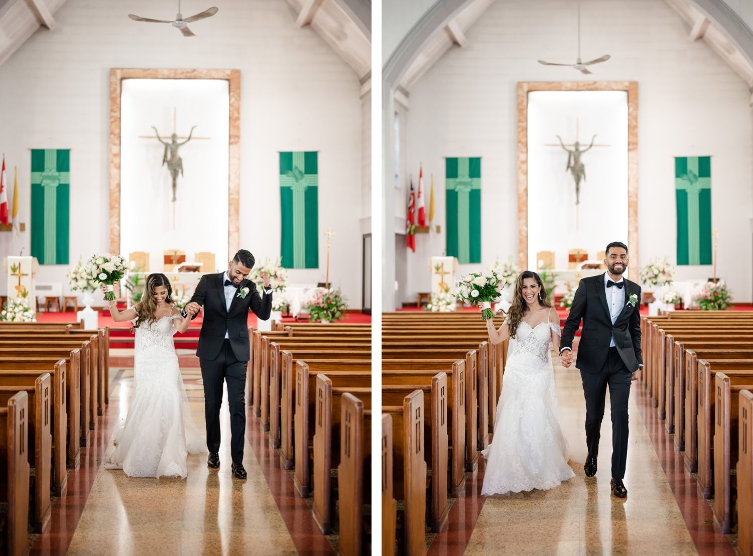 Interior view of a church wedding ceremony with wooden pews and green accents.