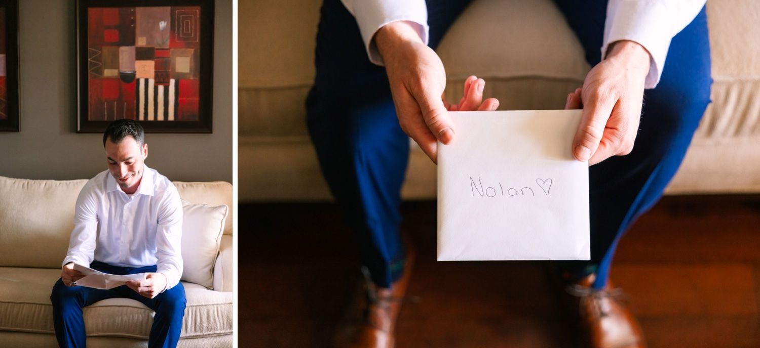 Wedding preparation collage showing formal attire and a man holding a letter.