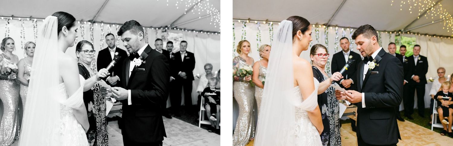 Black and white and color split image of wedding vow exchange under decorated tent.