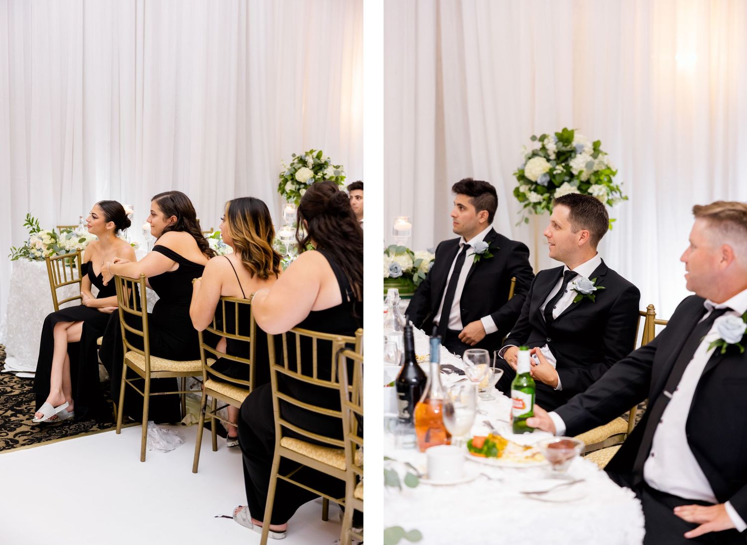 Wedding party members in formal attire seated at elegant reception tables with floral centerpieces.