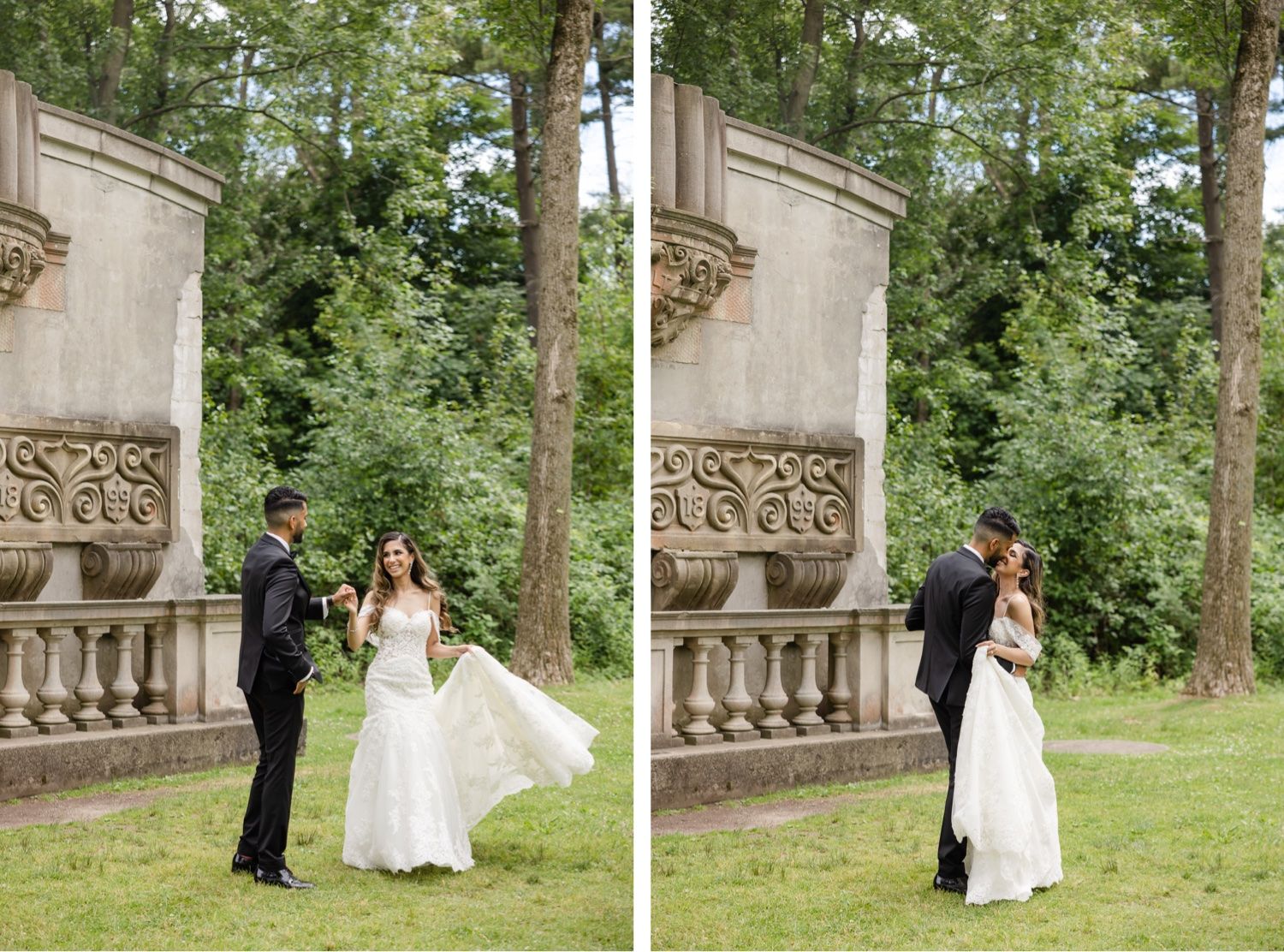 Side-by-side wedding portraits showcasing a couple against an ornate stone wall.