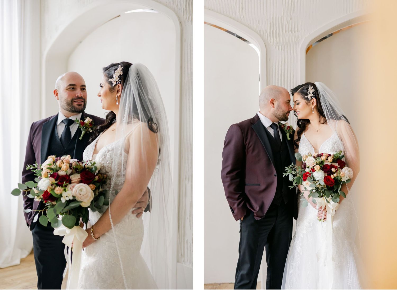 Artistic split frame wedding photos showing couple's intimate moments under arched doorways.