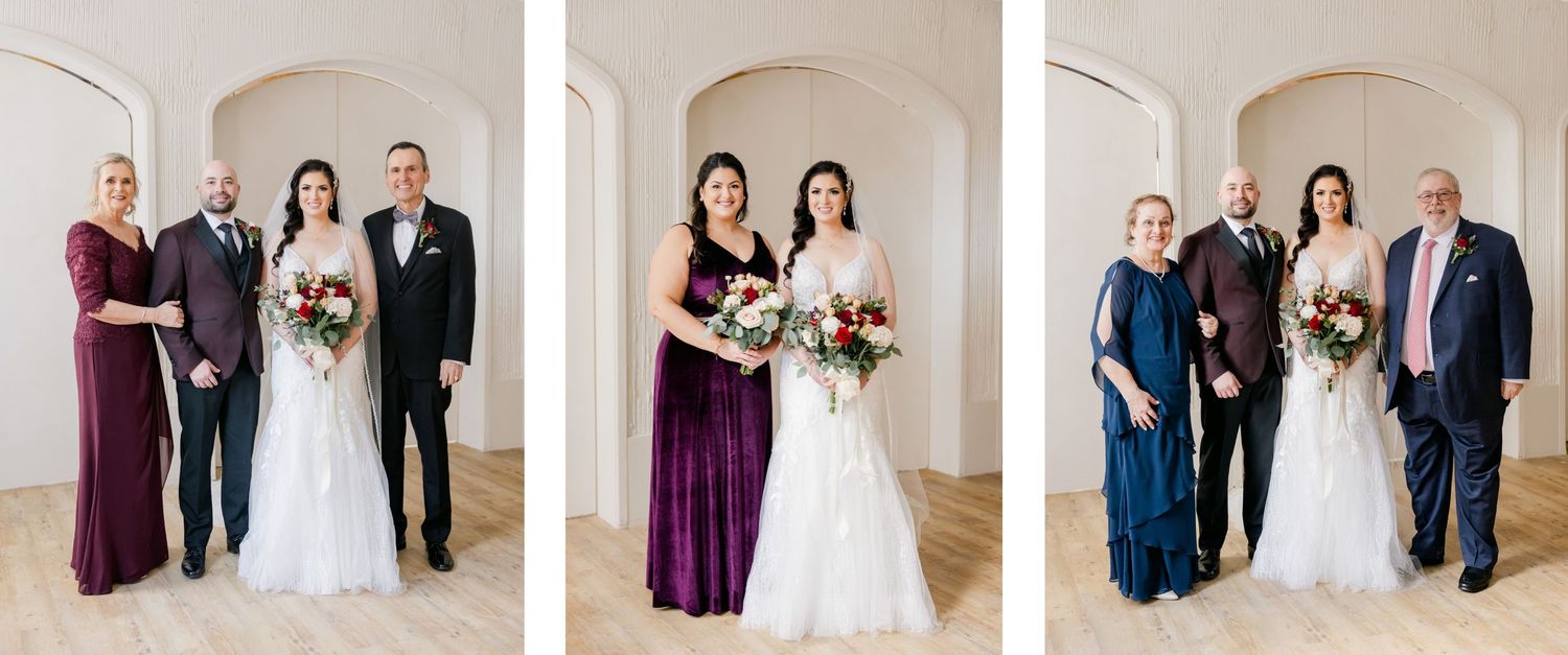 Wedding party formal portraits with families in purple and blue attire.
